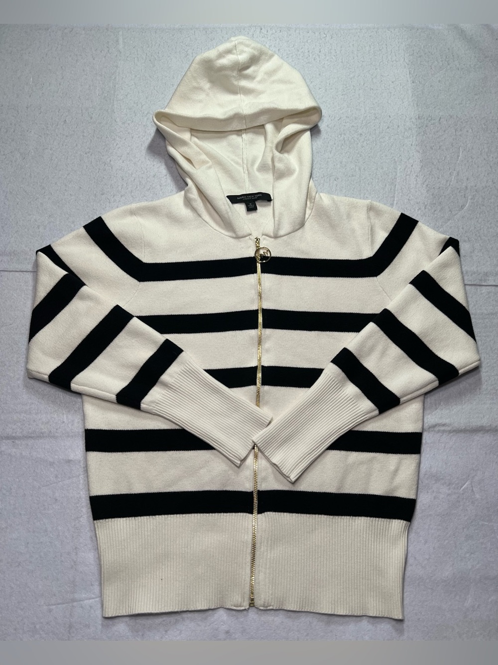 Marc New York Women’s Striped Knit Full Zip Hoodie Sweater,White/Black,Medium
